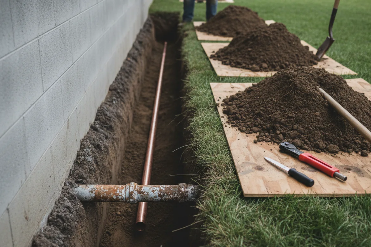 Excavated water line trench during Sewer Line Repair in Jacksonville
